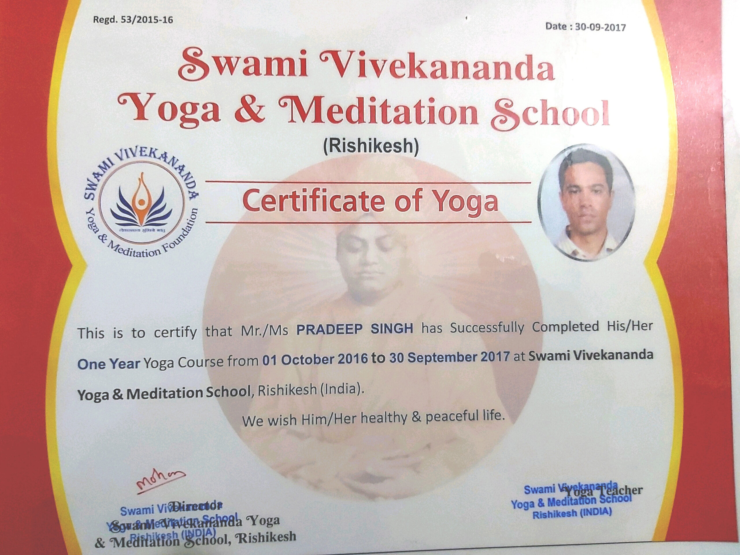 Swami Vivekananda 1 Year Yoga Certificate